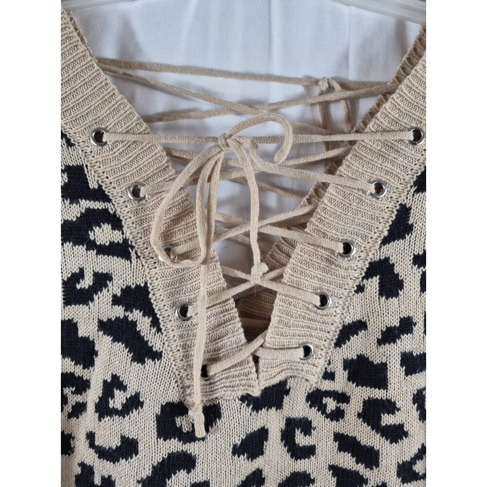 Rue + Women's Black Tan Tasseled Trellis Leopard Artsy Boho Sweater Plus Size 1X - Picture 3 of 7